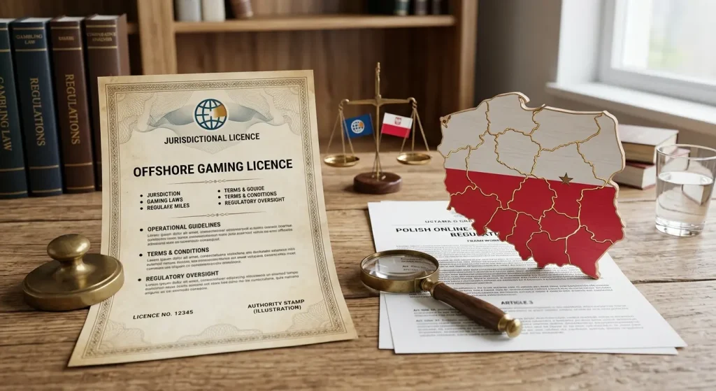 Neutralna ilustracja dokumentu licencyjnego, mapy Polski i symboli analizy prawnej bez logotypów