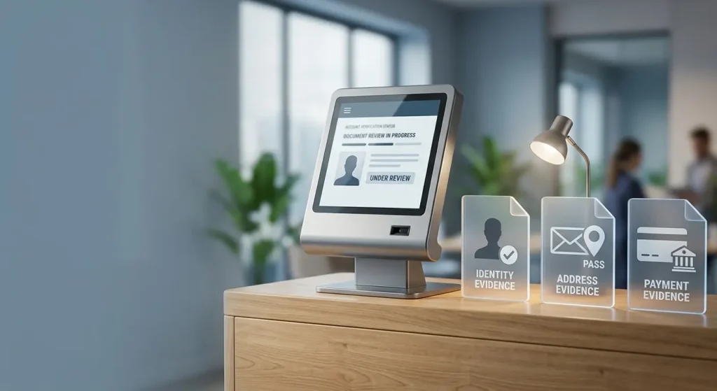 Neutralna ilustracja procesu KYC z dokumentem tożsamości, potwierdzeniem adresu i bezpieczną weryfikacją