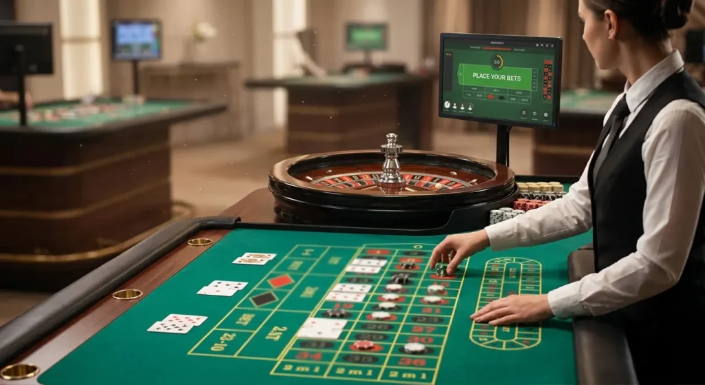 Neutralna ilustracja stołu live casino z kartami i kołem ruletki bez logo, tekstu i rozpoznawalnych twarzy